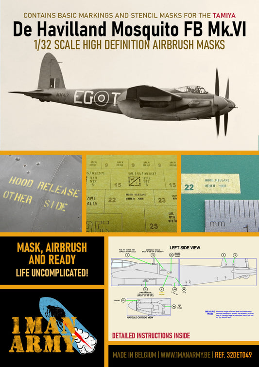 1ManArmy 32DET049 1:32 de Havilland Mosquito Mk.VI High Definition Stencilling & National Insignia Paint Masks