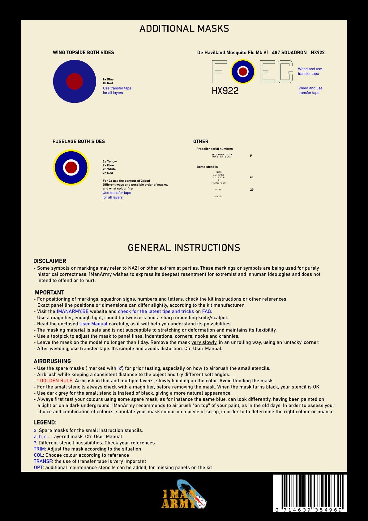 1ManArmy 32DET049 1:32 de Havilland Mosquito Mk.VI High Definition Stencilling & National Insignia Paint Masks