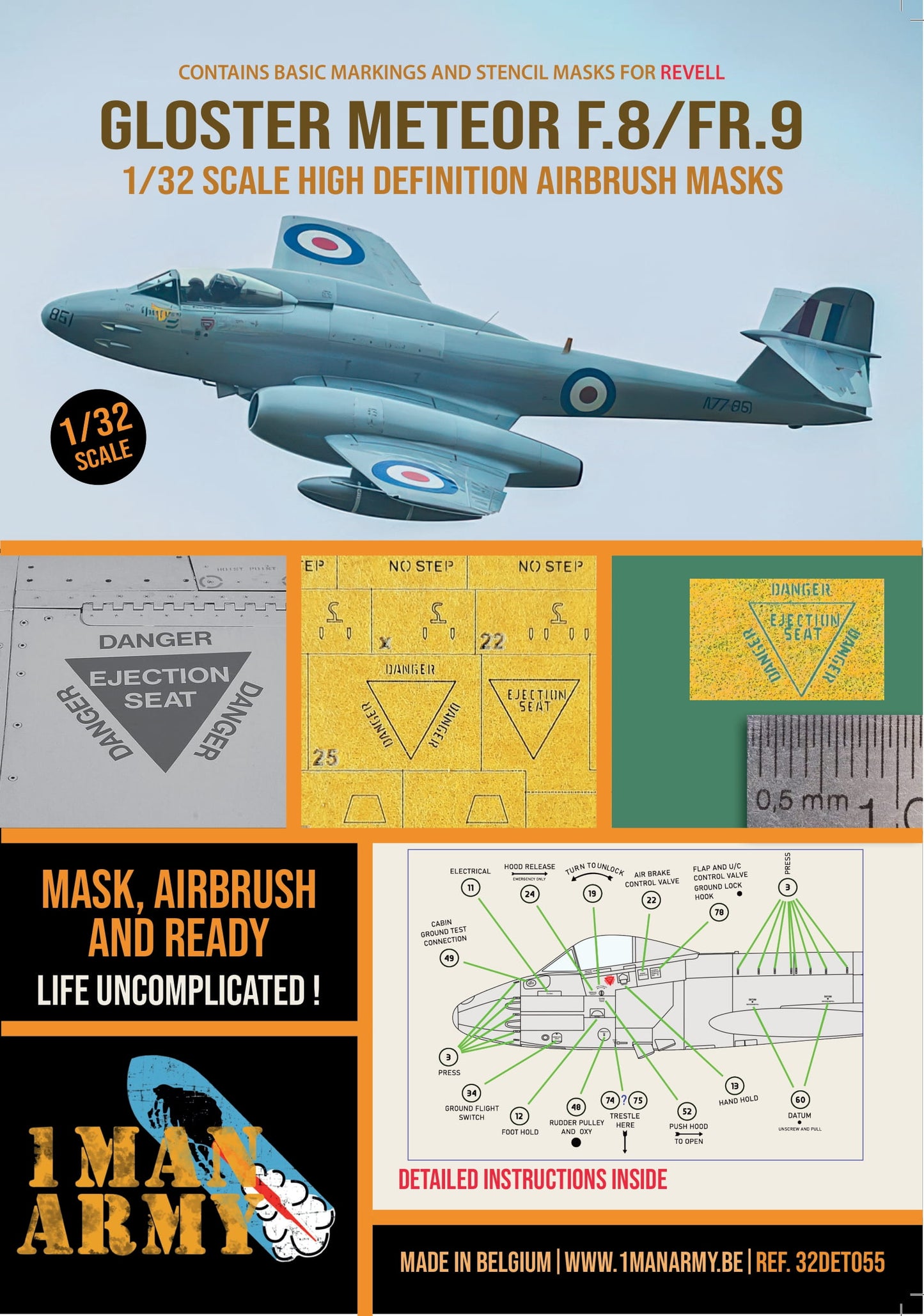 1ManArmy 32DET055 1:32 Gloster Meteor F.8 / FR.9 contains high definition stencilling and basic national insignia paint masks