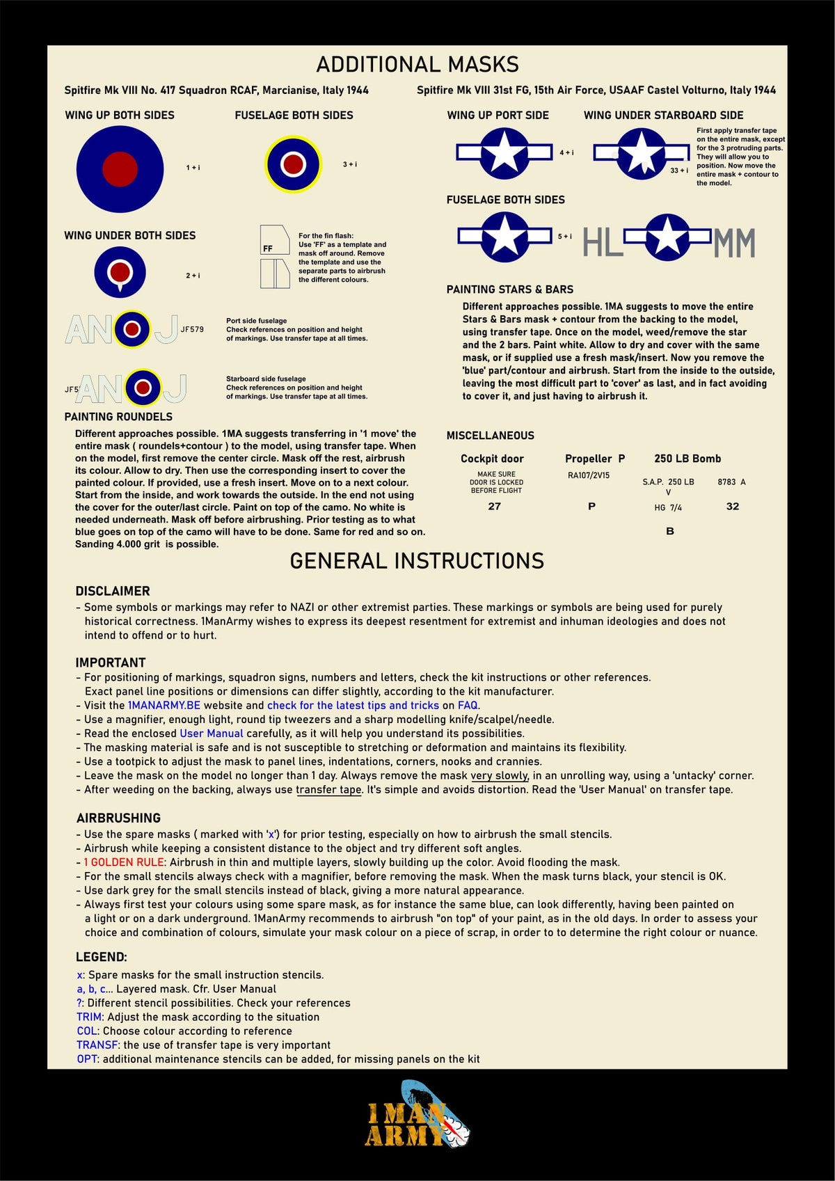 1ManArmy 32DET058 1:32 Supermarine Spitfire Mk.VIII High Definition Stencilling and Basic National Insignia Paint Masks