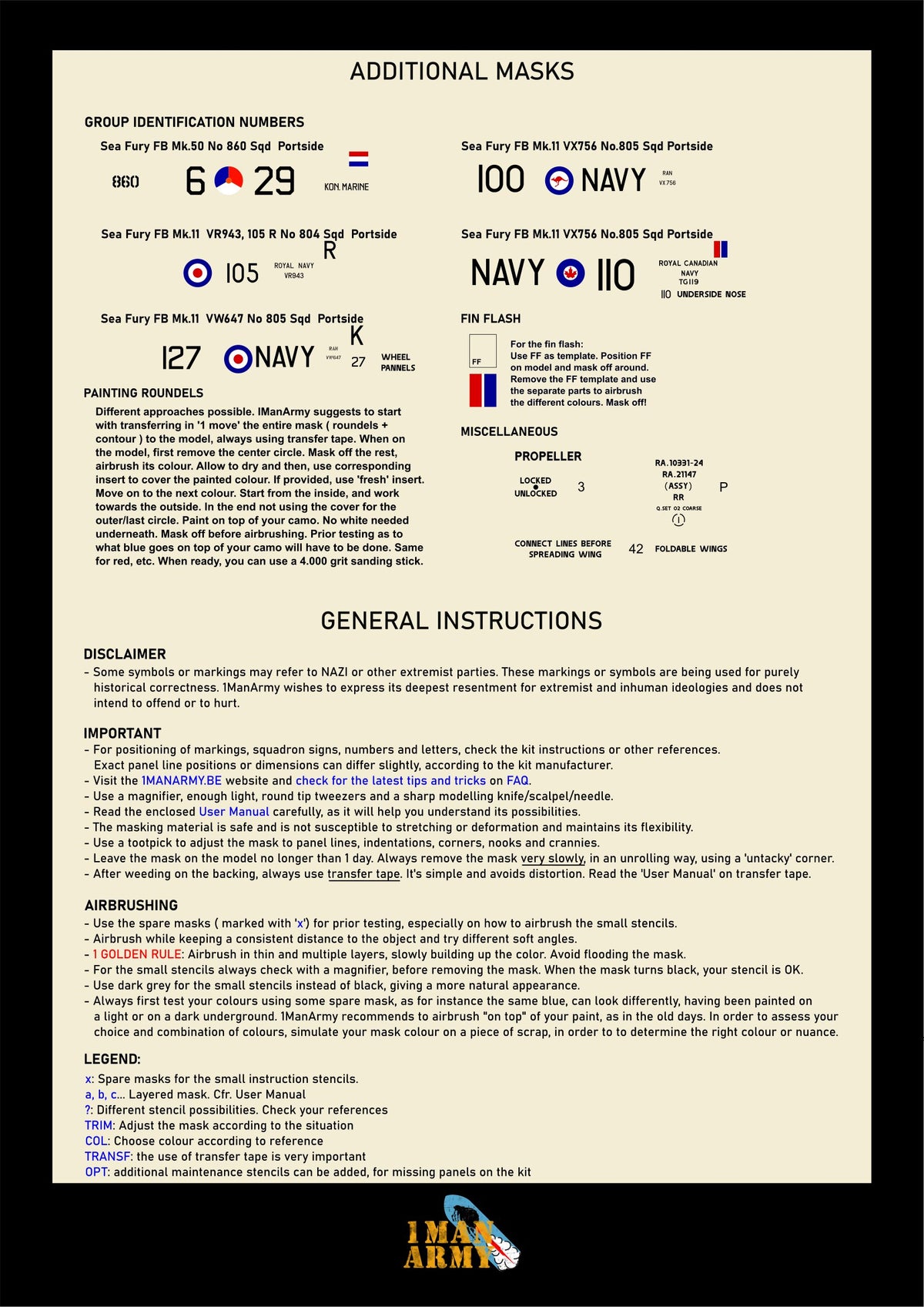 1ManArmy 32DET062 1:32 Hawker Sea Fury FB.11 High Definition Stencilling and Basic National Insignia Paint Masks