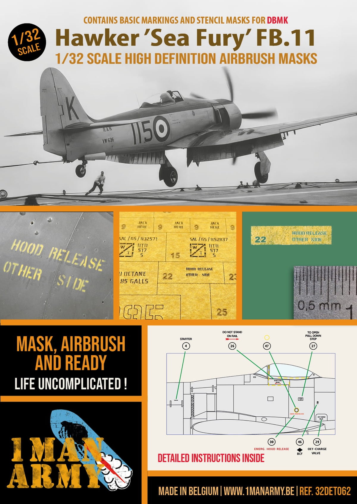 1ManArmy 32DET062 1:32 Hawker Sea Fury FB.11 High Definition Stencilling and Basic National Insignia Paint Masks
