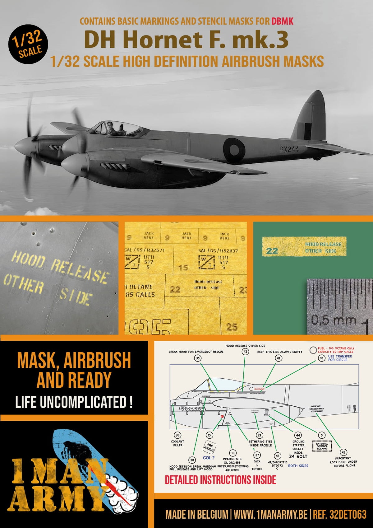 1ManArmy 32DET063 1:32 de Havilland Hornet F. Mk.3 High Definition Stencilling and Basic National Insignia Paint Masks