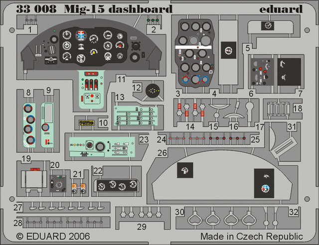 Eduard 33008 1:32 Mikoyan MiG-15bis instrument panel PRE-PAINTED IN COLOUR!