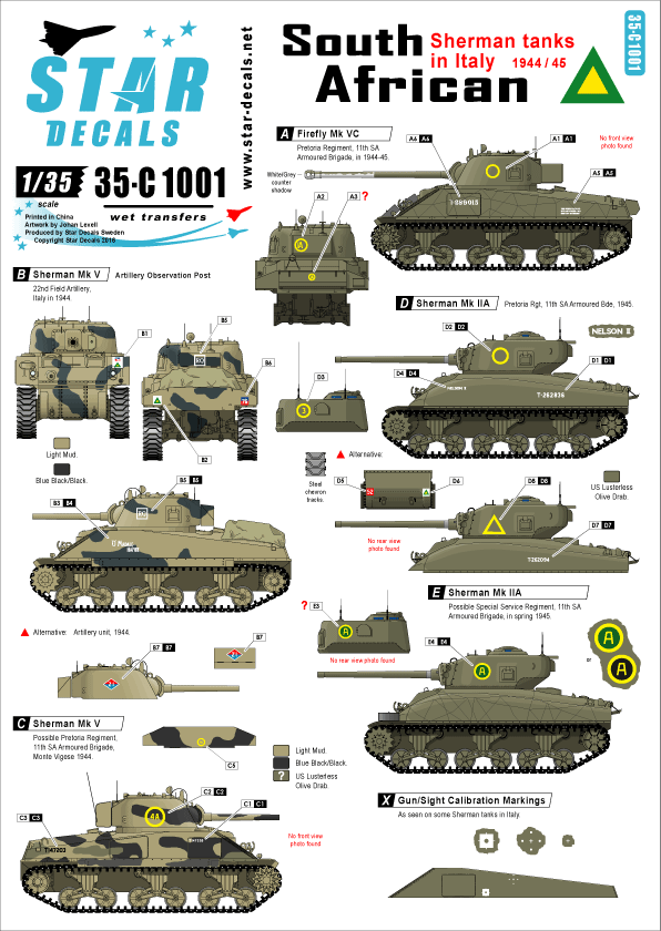 Star Decals 35-C1001 1:35 South African Shermans in Italy 1943-45 - Mk.III, Mk.IIA, Firefly Mk.VC
