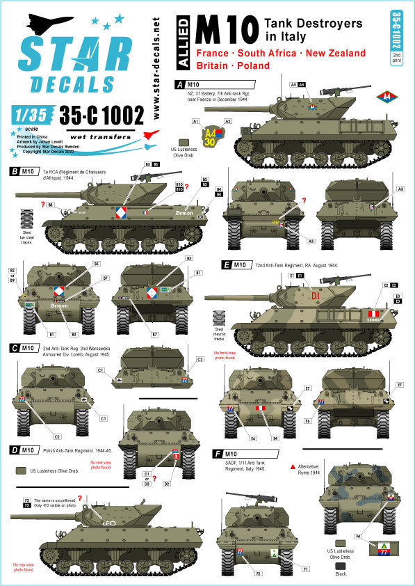 Star Decals 35-C1002 1:35 M10 Tank Destroyer in Italy - France, UK, SADF, NZ, Poland