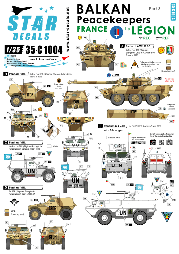 Star Decals 35-C1004 1:35 Balkan Peacekeepers #3. France, La Legion. VAB, VBL, AMX-10RC