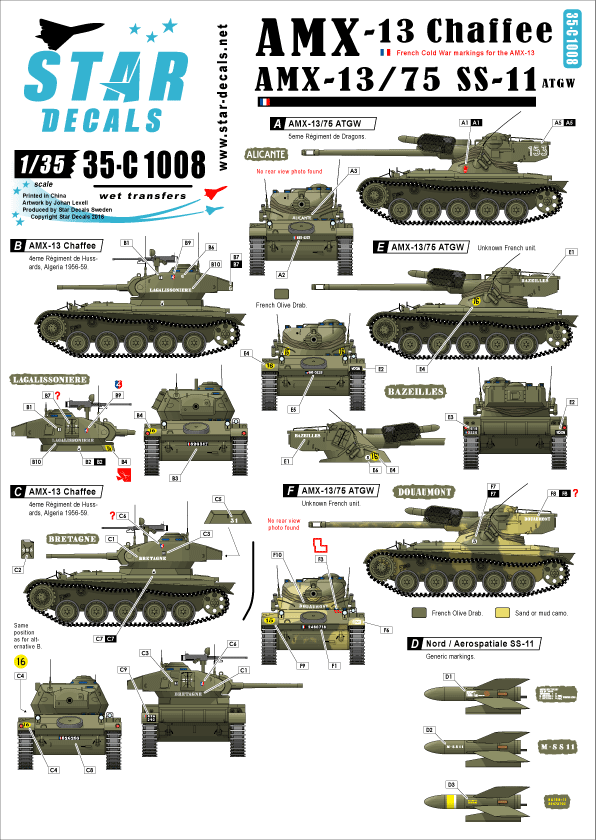 Star Decals 35-C1008 1:35 AMX-13 Chaffee & AMX-13 SS-11. French Cold War markings + Algerian war
