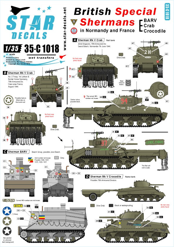 Star Decals 35-C1018 1:35 British Special Shermans - BARV, Crab and Crocodile Shermans.