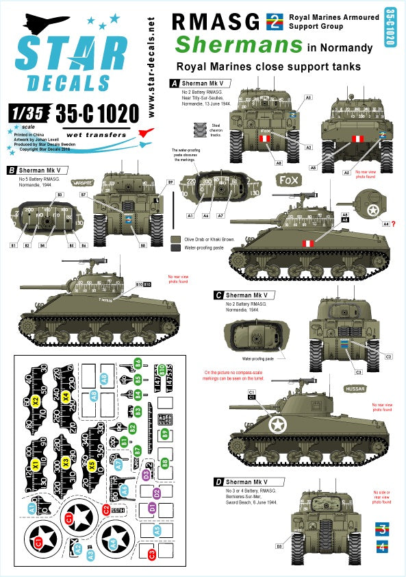 Star Decals 35-C1020 1:35 RMASG Shermans - Royal Marines tanks in Normandy. Sherman Mk.V