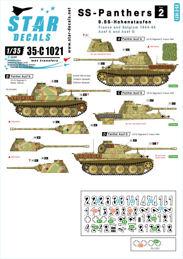 Star Decals 35-C1021 1:35 SS-Panthers # 2 - 9. SS-Hohenstaufen, France and Belgium. Pz.Kpfw.V Ausf.A Panther and Ausf.G.