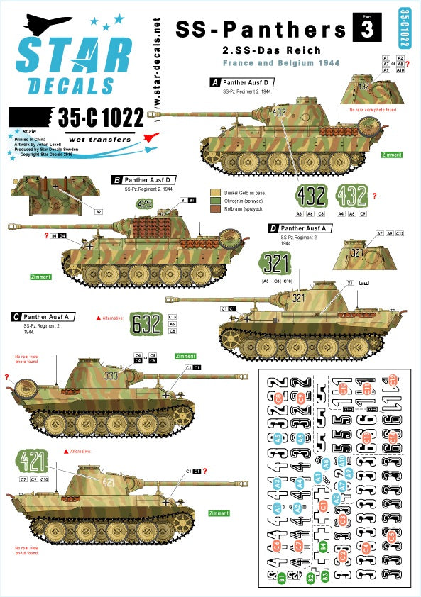 Star Decals 35-C1022 1:35 SS-Panthers # 3 - 2. SS-Das Reich, France and Belgium. Pz.Kpfw.V Ausf.D Panther and Ausf.A
