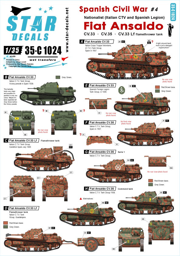 Star Decals 35-C1024 1:35 Spanish Civil War # 4. Fiat Ansaldo. CV.33, CV.35, CV.33 Lf Flamethrower.