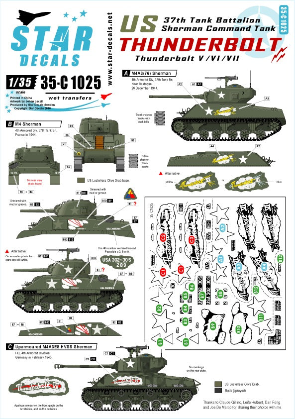 Star Decals 35-C1025 1:35 Thunderbolt V / VI / VII - 37th Tank Bn. M4 Sherman, M4A3 (76), M4A3E8 HVSS.