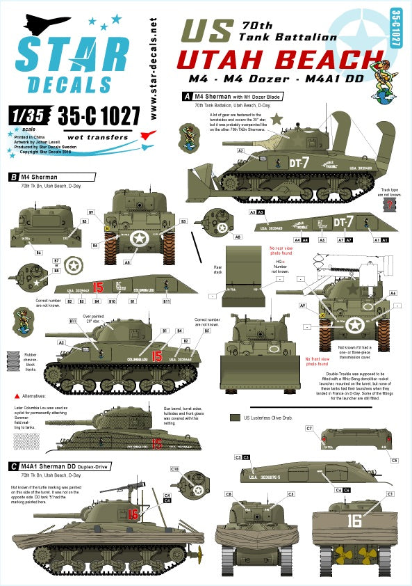 Star Decals 35-C1027 1:35 U.S. 70th Tank Battalion on Utah Beach - M4 , M4 Dozer, M4A1 DD Sherman.