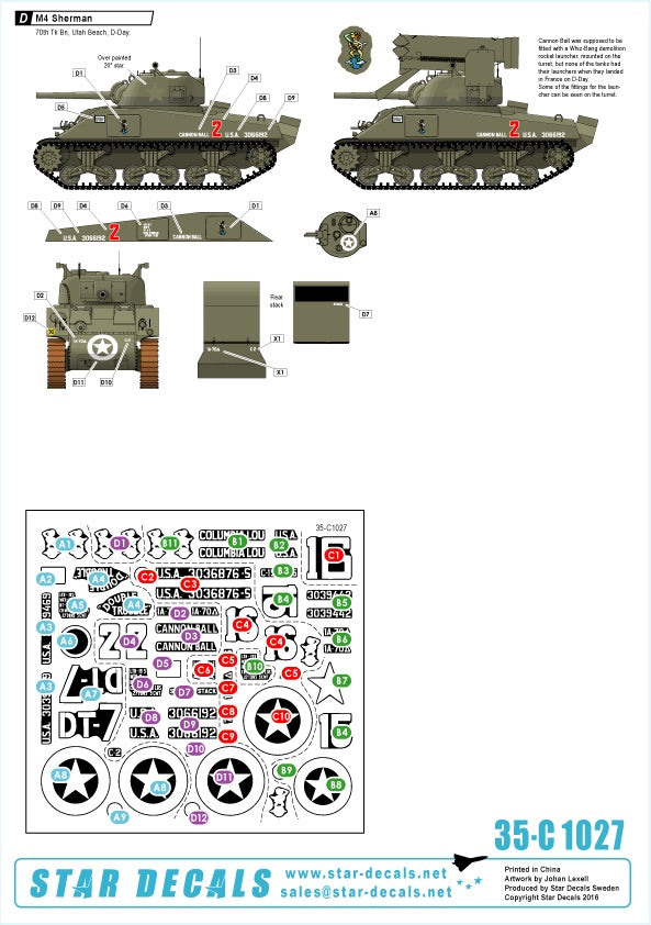 Star Decals 35-C1027 1:35 U.S. 70th Tank Battalion on Utah Beach - M4 , M4 Dozer, M4A1 DD Sherman.