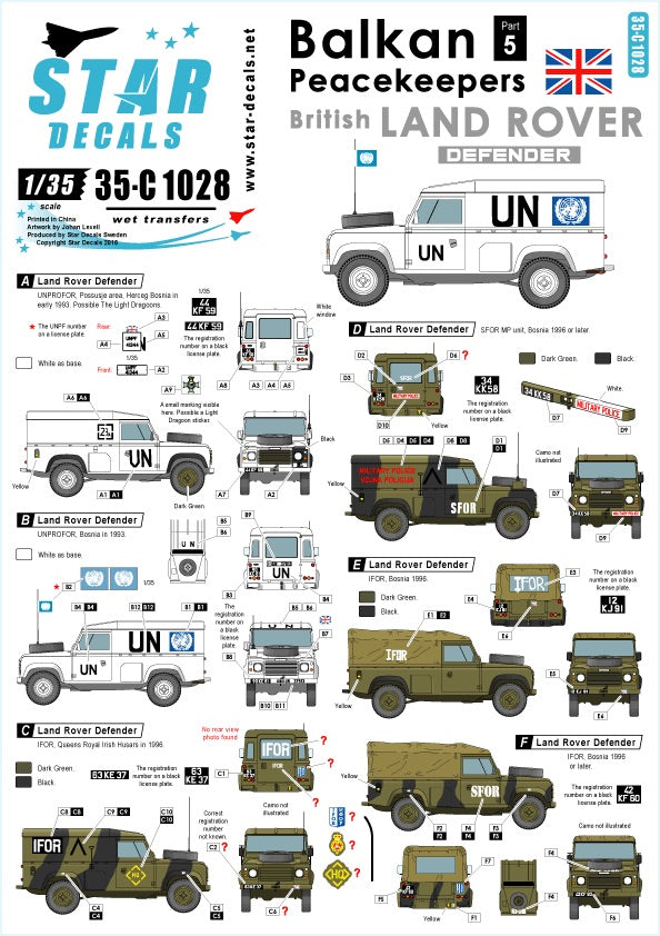 Star Decals 35-C1028 1:35 Balkan Peacekeepers # 5. British Landrover Defender UN, IFOR, SFOR.