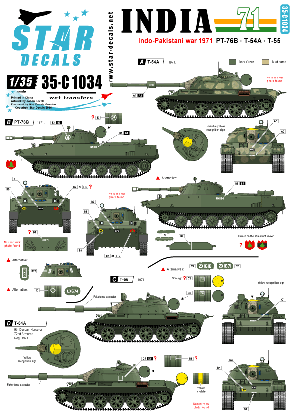 Star Decals 35-C1034 1:35 Indo-Pakistani War 1971. PT-76B, T-54A, T-55.