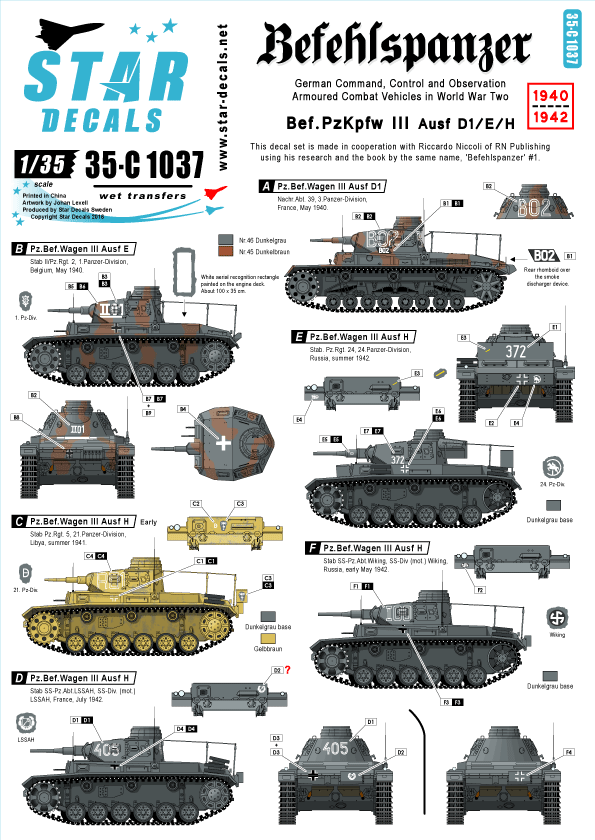 Star Decals 35-C1037 1:35 Befehlspanzer. Bef Pz.Kpfw.III Ausf.D1/Ausf.E/Ausf.H.