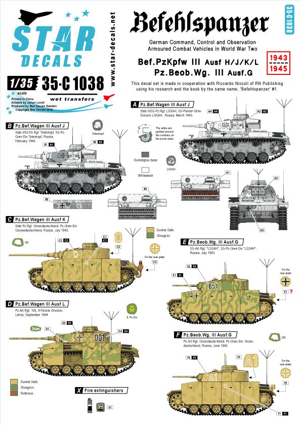 Star Decals 35-C1038 1:35 Pz.Bef.Wagen III Ausf.H / J / K / L and Pz.Beob Wg.III Ausf.GBefehlspanzer