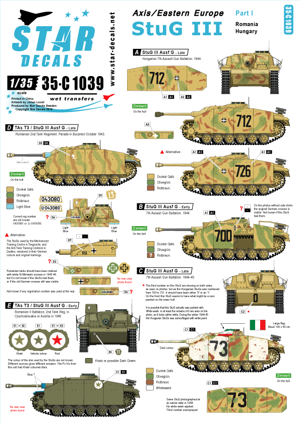 Star Decals 35-C1039 1:35 Befehlspanzer. Bef.Pz.Kpfw.III Ausf.H/Ausf.J/Ausf.K/Ausf.L and and Beob.Pz.Kpfw.III Ausf.G