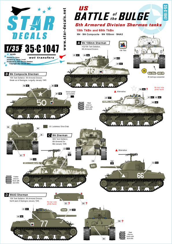 Star Decals 35-C1047 1:35 Battle of the Bulge. 6th Armored Division M4 Shermans