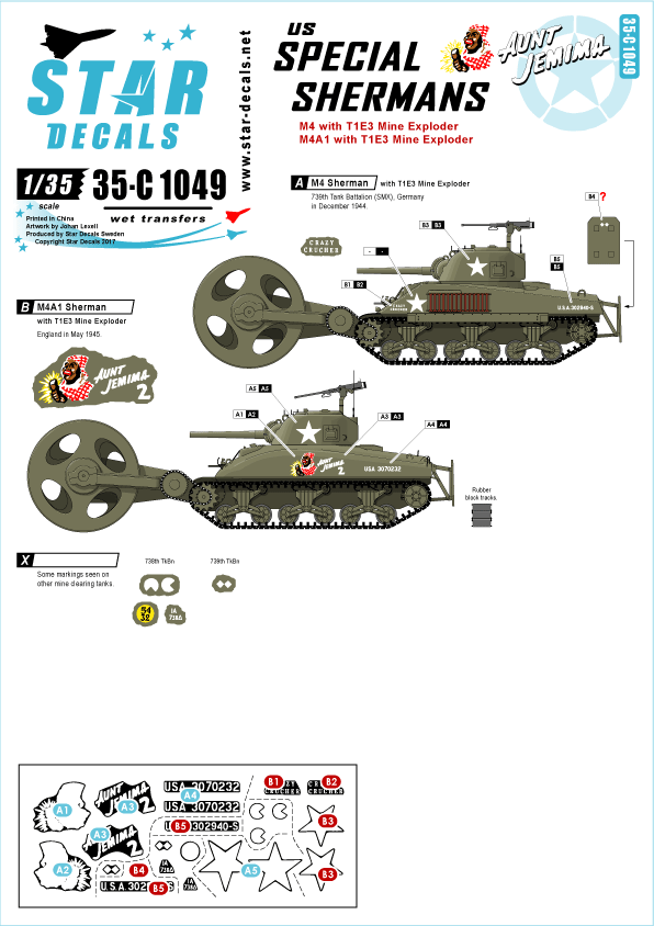 Star Decals 35-C1049 1:35 U.S. Special Shermans. Aunt Jemima and other mine exploder tanks