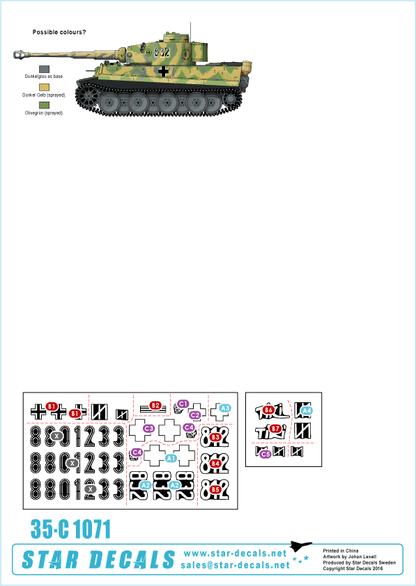 Star Decals 35-C1071 1:35 Generic numbers and insignias for Spring 1943 (incl. TIKI). Pz.Kpfw.VI Tigers of Das Reich.
