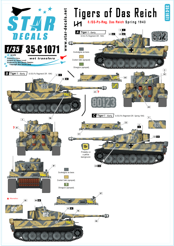 Star Decals 35-C1071 1:35 Generic numbers and insignias for Spring 1943 (incl. TIKI). Pz.Kpfw.VI Tigers of Das Reich.