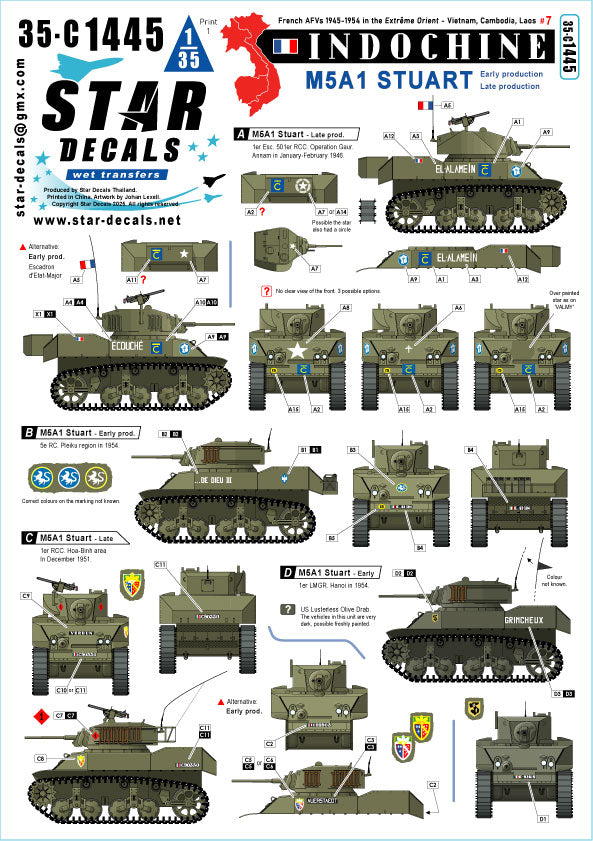 Star Decals 35-C1445 1:35 Indochine # 7. French M5A1 Stuart Early and late turrets.