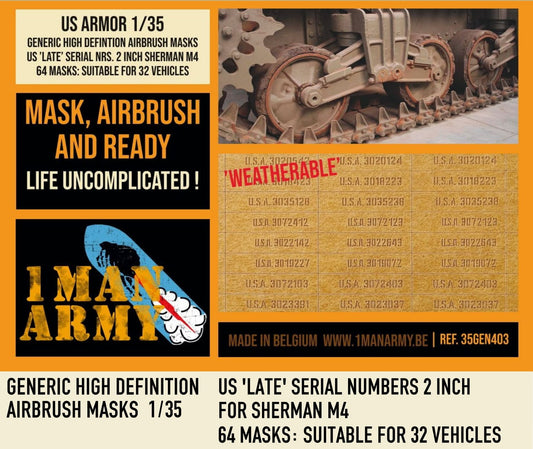 1ManArmy 35GEN403 1:35 US 'late' Serial Nrs. 2'' Sherman M4 1/35 Generic High Definition Airbrush Masks