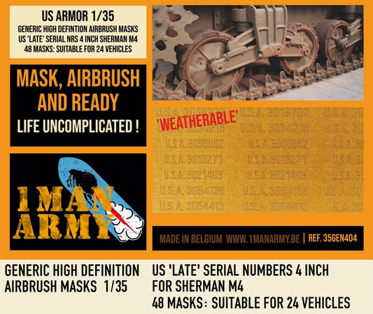 1ManArmy 35GEN404 1:35 US 'late' Serial Nrs. 4'' Sherman M4 1/35 Generic High Definition Airbrush Masks