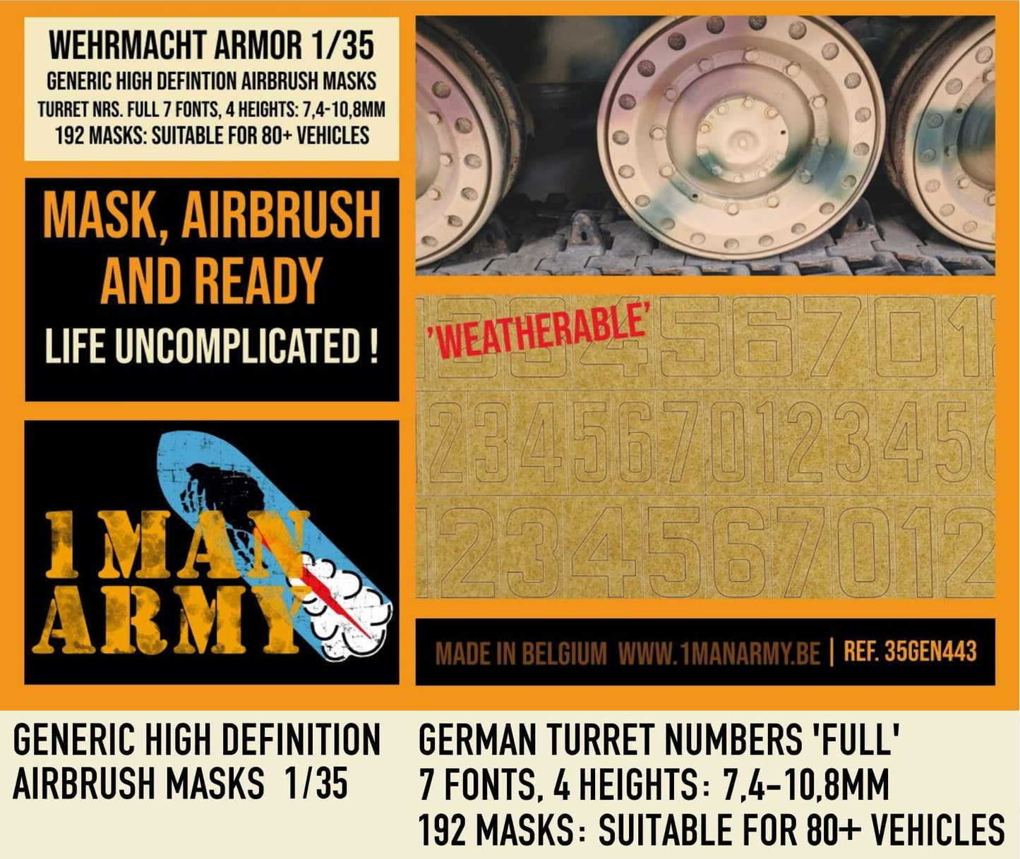 1ManArmy 35GEN443 1:35 German Turret Numbers Full Generic High Definition Airbrush Masks