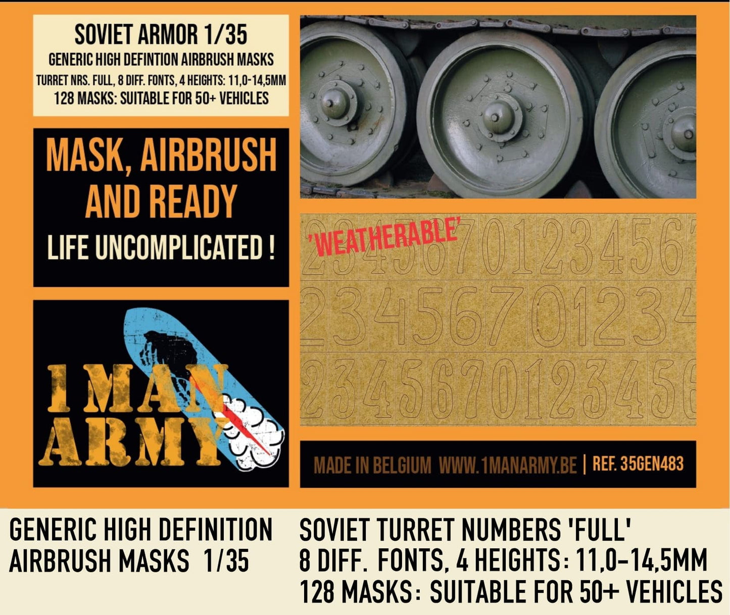 1ManArmy 35GEN483 1:35 Soviet Turret Numbers heights 11 - 14,5 mm 1/35 Generic High Definition Airbrush Masks