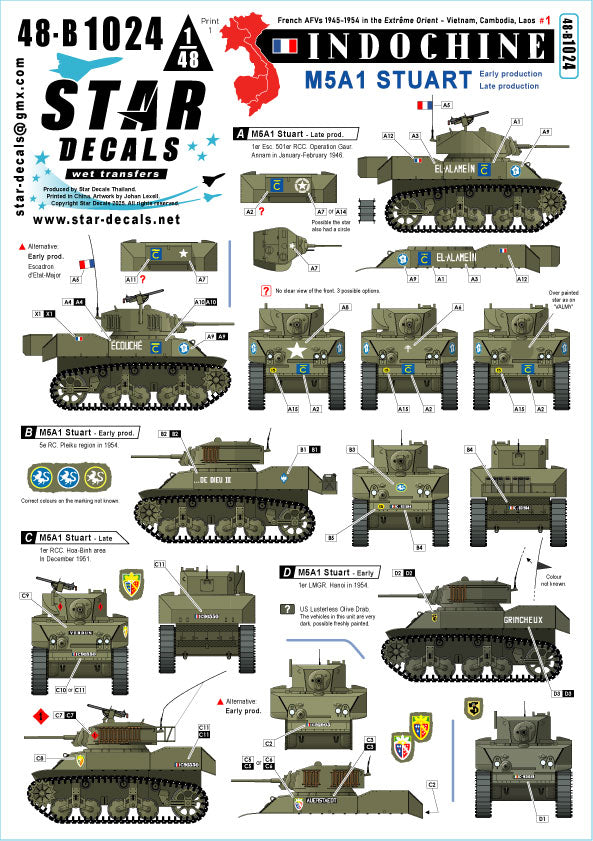 Star Decals 48-B1024 1:48 Indochine # 1. French M5A1 Stuart Early and late turrets