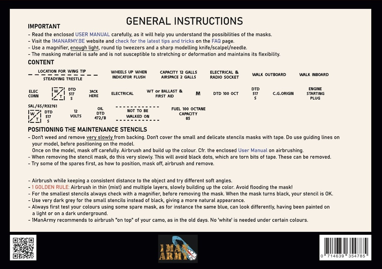 1ManArmy 48GEN300 1:48 Supermarine Spitfire Mk.I/Mk.II Data Stencils Generic Set