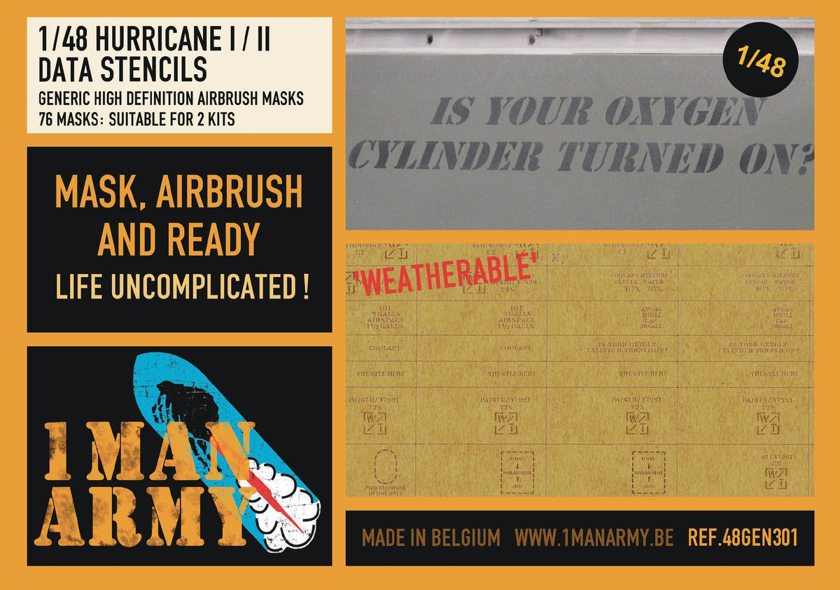 1ManArmy 48GEN301 1:48 Hawker Hurricane Mk.I/Mk.IIB/Mk.IIC Data Stencils Generic Set