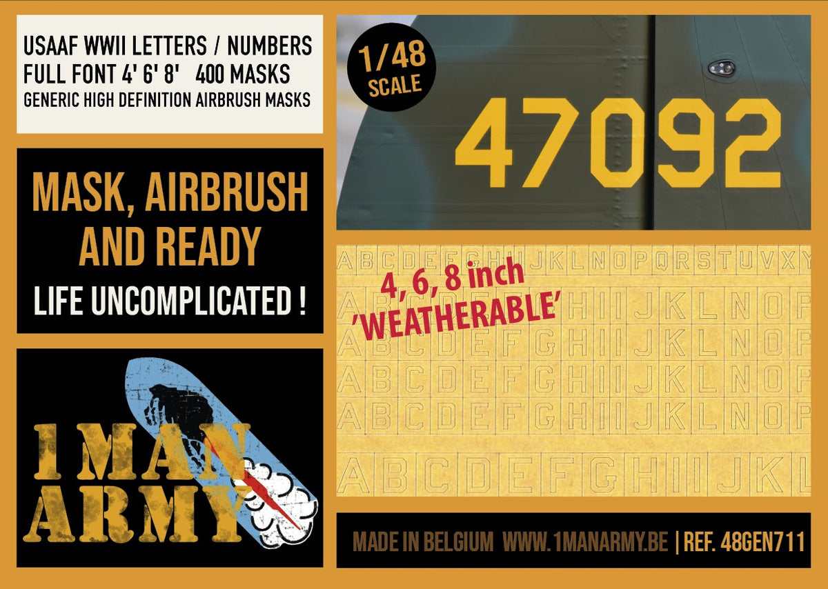 1ManArmy 48GEN711 1:48 USAAF WWII Letters/Numbers Full Font 4' 6' 8' Generic Set High Definition Airbrush Masks
