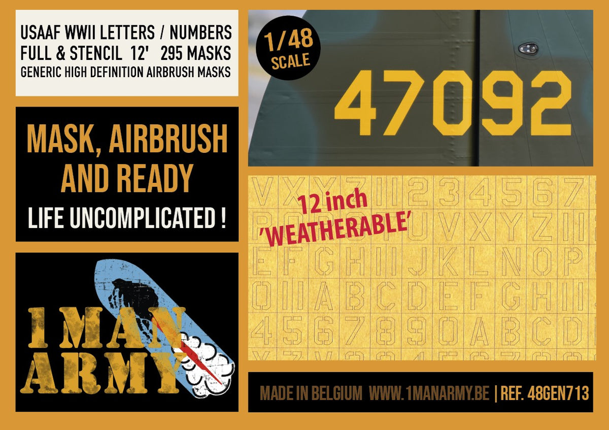 1ManArmy 48GEN713 1:48 USAAF WWII Letters/Numbers Full/Stencil 12' Generic Set High Definition Airbrush Masks