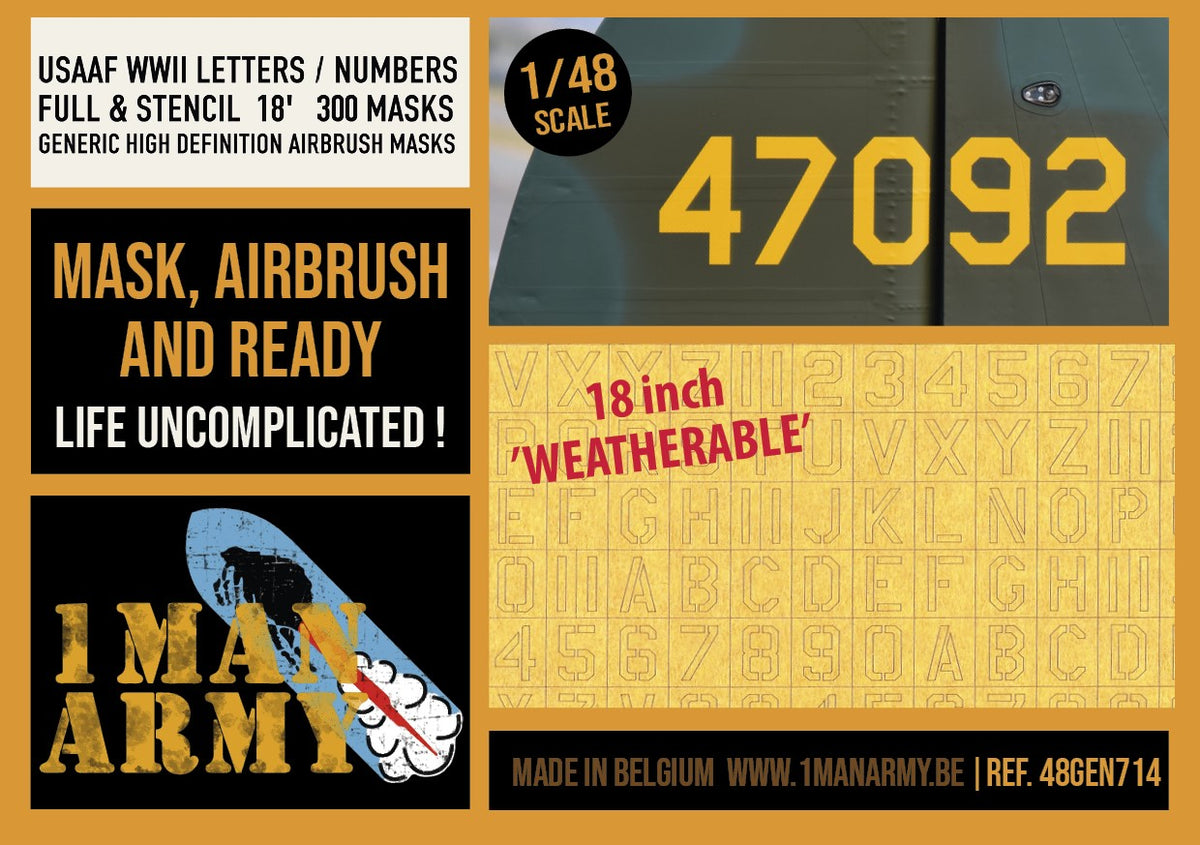 1ManArmy 48GEN714 1:48 USAAF WWII Letters/Numbers Full/Stencil 18' Generic Set High Definition Airbrush Masks