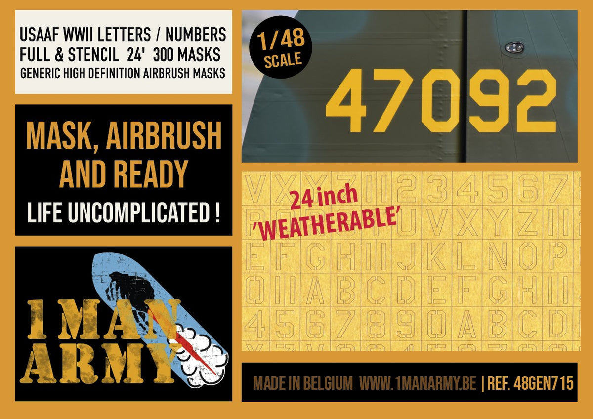 1ManArmy 48GEN715 1:48 USAAF WWII Letters/Numbers Full/Stencil 24' Generic Set High Definition Airbrush Masks