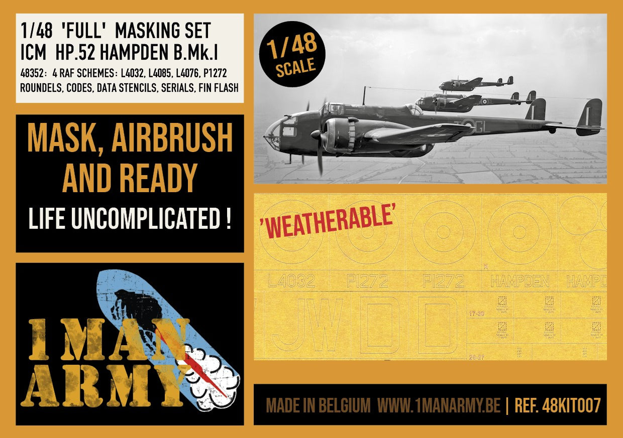1ManArmy 48KIT007 1:48 Handley-Page Hampden B Mk.I airbrush masks