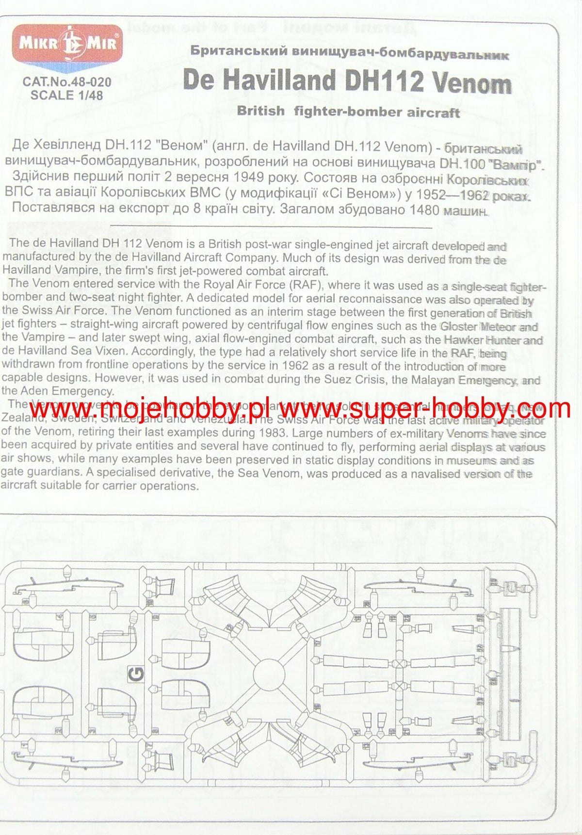 Mikro-Mir 48-020 1:48 de Havilland DH.112 Venom FB.4 (Not FB.50 (FB.1) as illustrated on the Box)