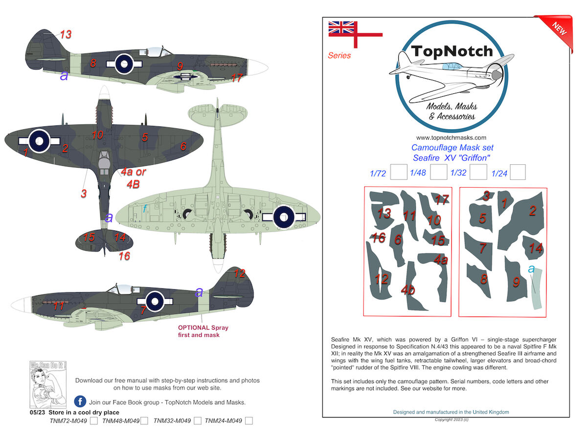 TopNotch TNM24-M049 1:24 *Supermarine Seafire Mk.XV Highback 'Griffon engine' camouflage pattern paint masks