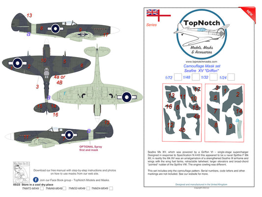 TopNotch TNM24-M049 1:24 *Supermarine Seafire Mk.XV Highback 'Griffon engine' camouflage pattern paint masks
