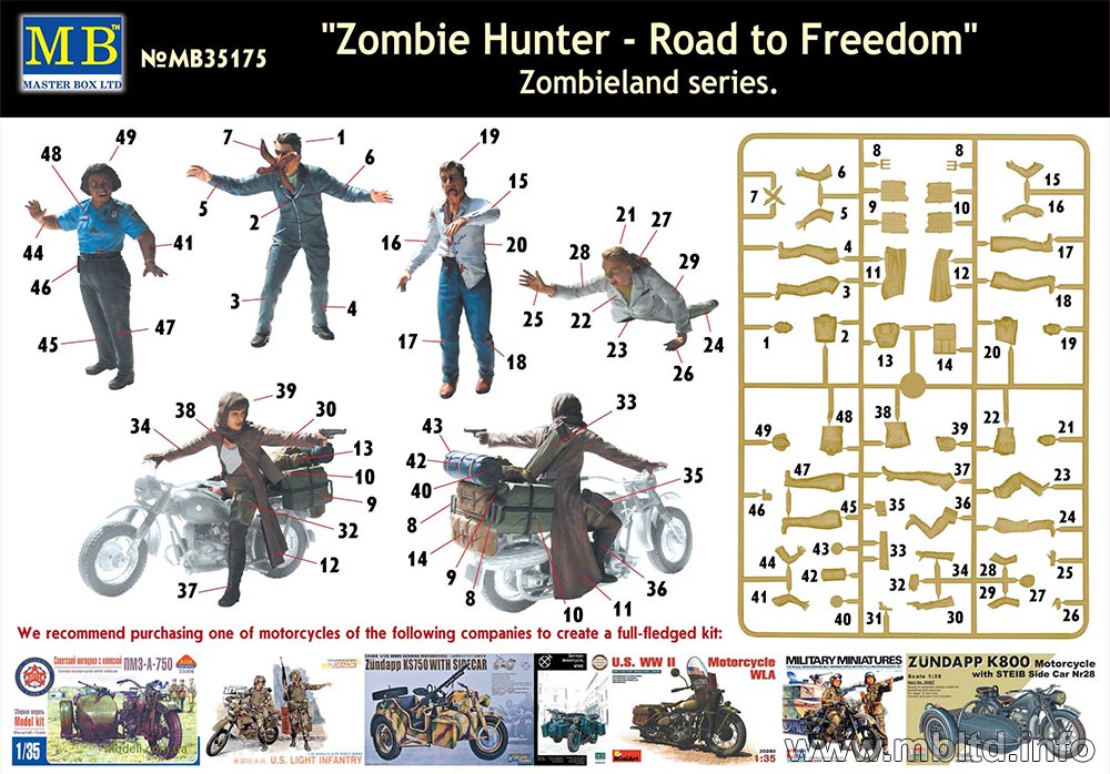 Master Box MB35175 1:35 Zombie Hunter - Road to Freedom, Zombieland Series includes 5 figures BUT NO MOTORBIKE