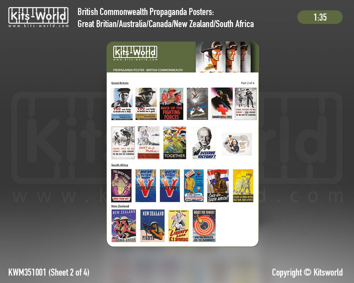Kits-World B351001 1:35 WWII Propaganda Posters British Common Wealth 'Great Britain', 'South Africa', 'New Zealand', 'Australia', 'Canada,'.