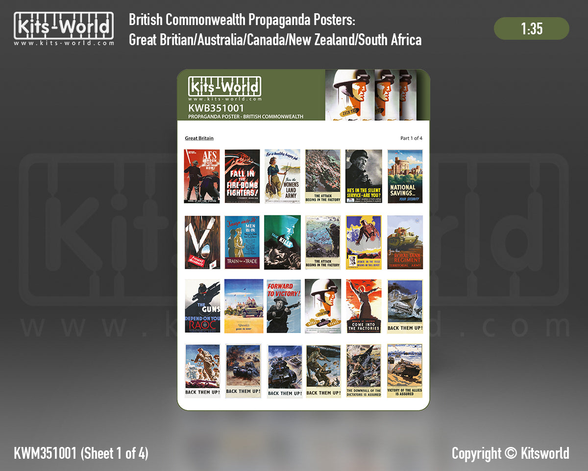 Kits-World B351001 1:35 WWII Propaganda Posters British Common Wealth 'Great Britain', 'South Africa', 'New Zealand', 'Australia', 'Canada,'.