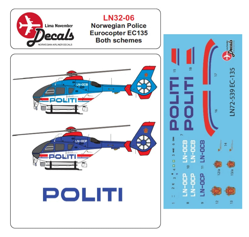 Lima November LN32-006 1:32 Norwegian Police Eurocopter EC135 both schemes
