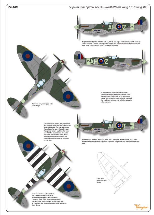 Vingtor Decals 24-108 1:24 Supermarine Spitfire Mk.IXc - North Weald Wing, RAF